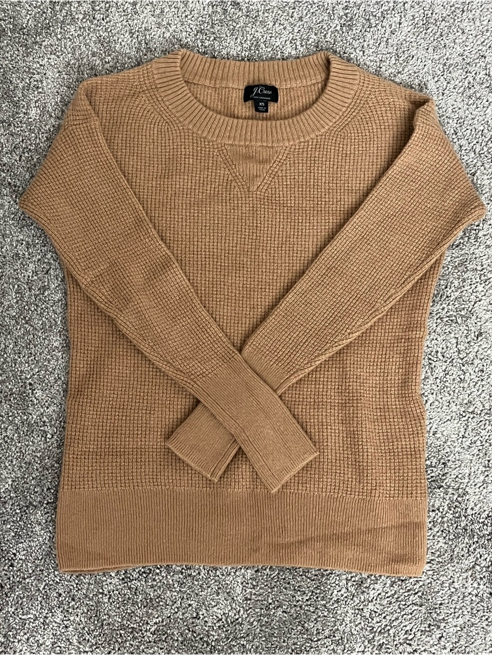 J. Crew 100% Cashmere Camel Waffle-Knit Crewneck Sweater size XS preppy academia